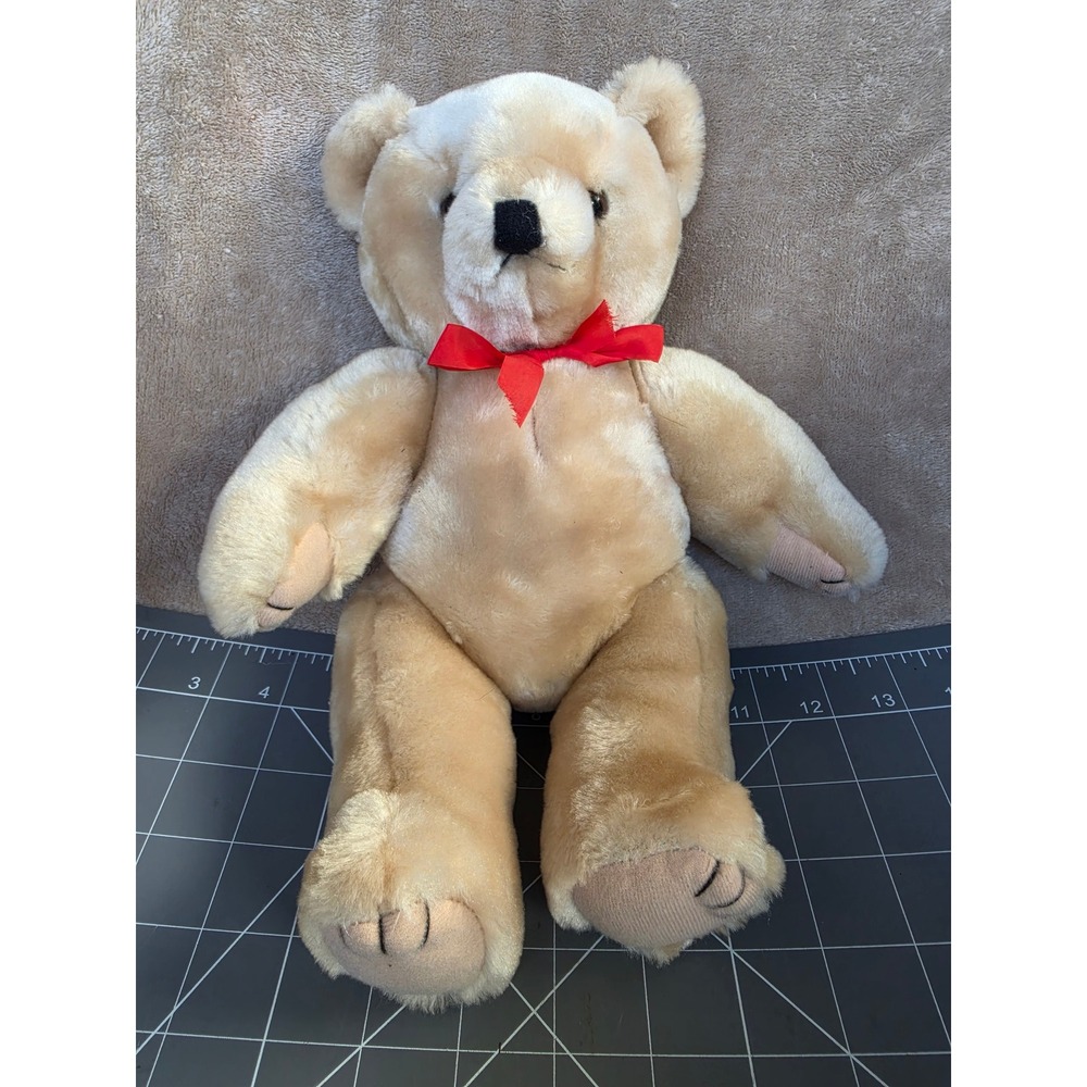 Vintage Kel-Toy Inc Honey Beige Teddy Bear Plush Red Ribbon 12 Inch